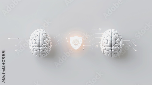 Abstract 3D Security Cyber ​​Brain Blockchain White Background.