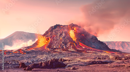 The volcano is erupting red magma. photo