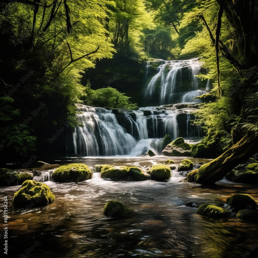 A waterfall in a pristine forest, untouched by pollution, emphasizing the beauty of natural resources that need protection A waterfall in a pristine forest, untouched by pollution, emphasizing the beauty of natural resources that need protection