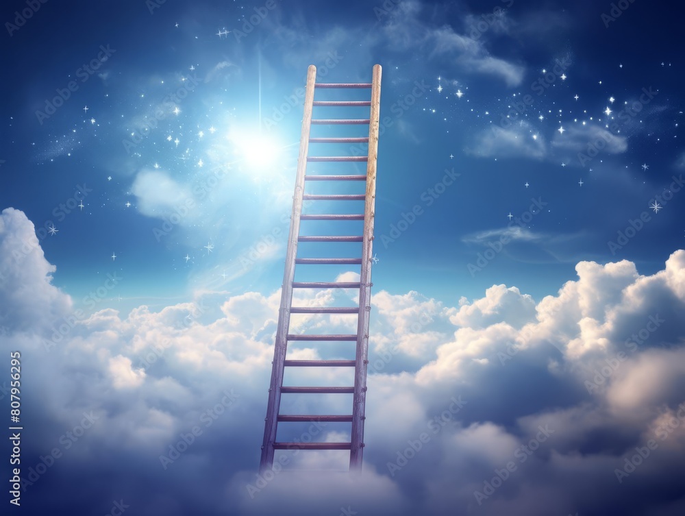 A ladder reaching towards a bright, open sky with clouds shaped like success icons, representing climbing to new heights in a career or life