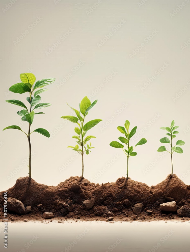 A sequence of trees planted in soil, starting from a small sapling to a fully grown tree, symbolizing the growth and impact of longterm environmental efforts A sequence of trees planted in soil, starting from a small sapling to a fully grown tree, symbolizing the growth and impact of longterm environmental efforts
