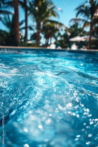 A close up of a pool with water and palm trees in the background  AI