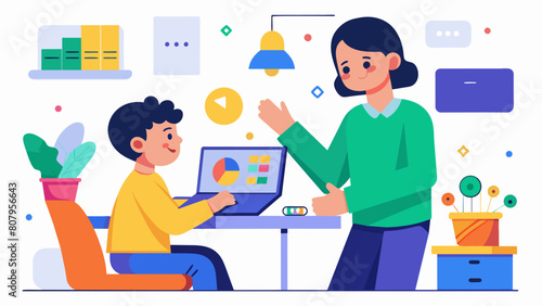 A mentor assisting their mentee in creating a sensoryfriendly workspace tailored to the mentees individual needs and preferences.. Vector illustration