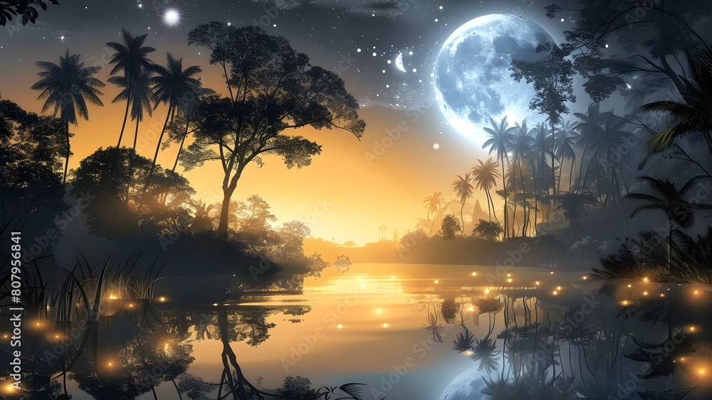 Naklejka premium Vibrant tropical forest under moonlight reflected in river psychedelic nature scene. Concept Tropical forest, Moonlight, River reflection, Psychedelic nature, Vibrant colors