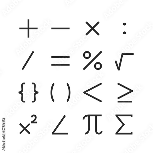 Mathematical Symbols, linear style icon set. Arithmetic and algebraic notation. Calculations and equations. Editable stroke width.