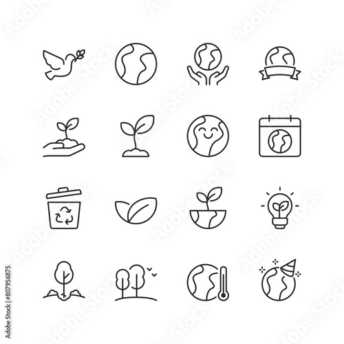 Earth Day and Environmental Protection, linear style icon set. Preserving and safeguarding. Eco-friendly initiatives, sustainability awareness, climate change. Editable stroke width.