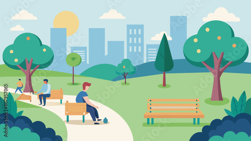 A city park with designated walking paths and benches for those who struggle with mobility and need frequent breaks.. Vector illustration