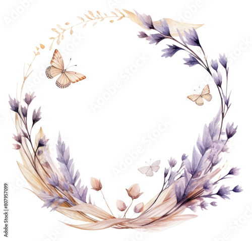 PNG Moths border watercolor pattern flower wreath.