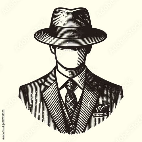 faceless man wearing a suit and hat sketch