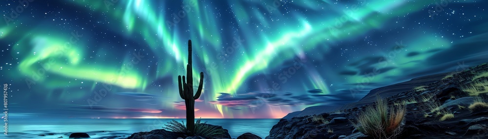 A serene landscape featuring a cactus under a magical display of Northern Lights A serene landscape featuring a cactus under a magical display of Northern Lights