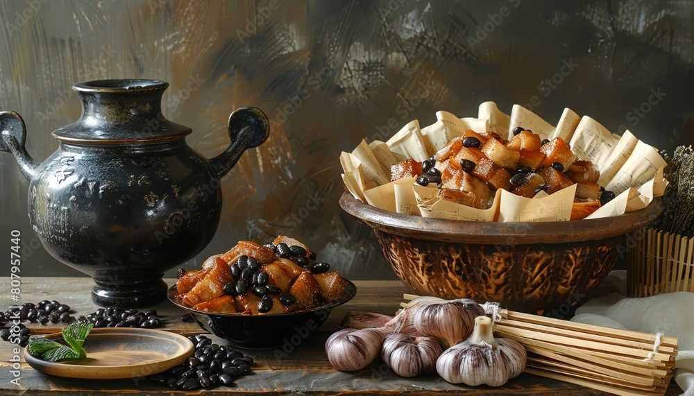 Fototapeta premium A still life featuring steamed spareribs with black beans as the focal point