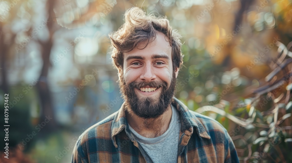 Handsome happy bearded man. Portrait of cheerful young man standing outdoors and smiling at camera. Emotion concept