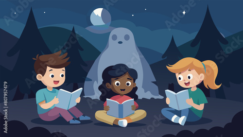 A group of kids on a camping trip gathered around a campfire as they read an augmented reality ghost story the shadows around them seemingly coming to. Vector illustration