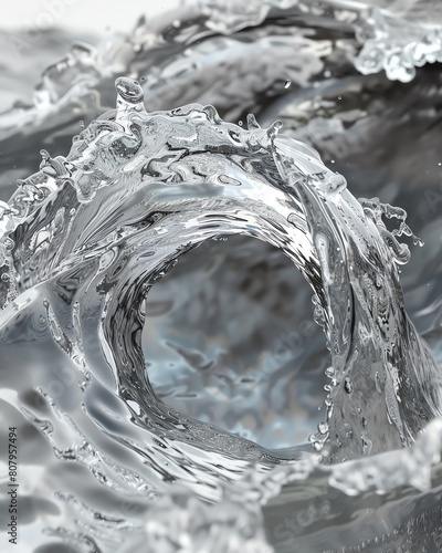 An abstract art piece capturing the expulsion of water in metallic silver hues during a tsunami