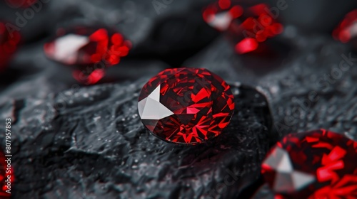 A pile of red gemstones on a dark stone surface.