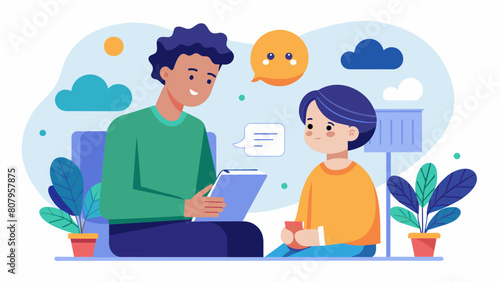 A meeting between a mentor and parent of a neurodivergent youth discussing progress and setting goals for the mentees development.. Vector illustration
