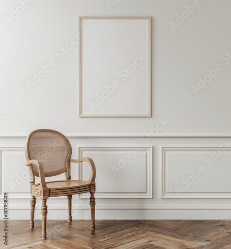 An wooden armchair with rattan backrest and white poster frame on the floor, against an empty wall in minimalist style photo