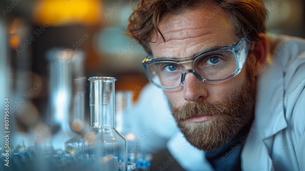 Intently observing male researcher scrutinizing scientific samples in laboratory, reflecting the concept of expertise and analytical thinking in scientific research Intently observing male researcher scrutinizing scientific samples in laboratory, reflecting the concept of expertise and analytical thinking in scientific research