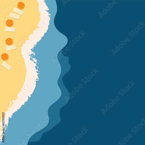 Beach by the sea with sunbeds and umbrellas, illustration of the view from the top.
