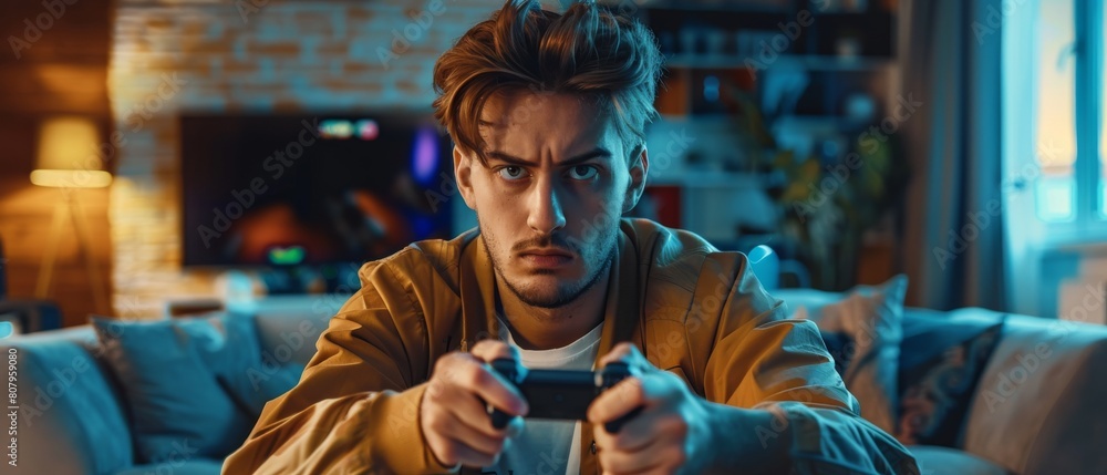 Fototapeta premium Gamer Sick and Angry After Losing a Round of Online Video Game Play on Powerful Computer. Cozy Living Room. Stylish Male Playing Shooter Arcade Online Multiplayer Battle.