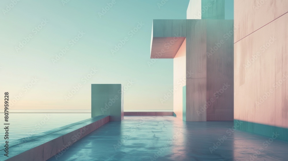 Fototapeta premium Elegant Minimalist Abstract Wallpaper Featuring Modernist Architecture with Clean Lines and Geometric Shapes, Captured in Muted Tones for a Soothing Widescreen Display