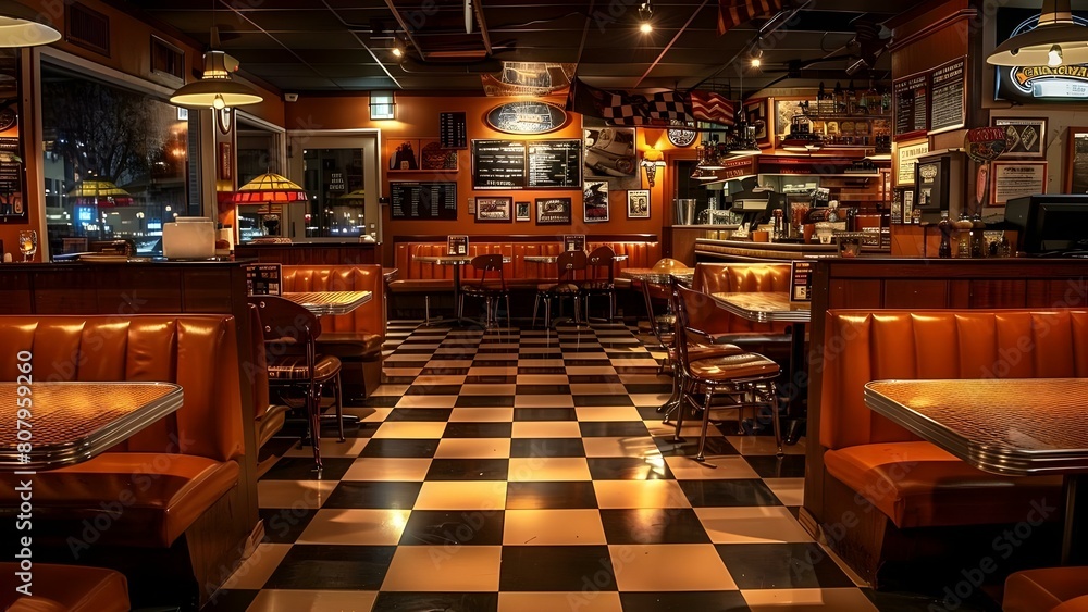 Retro pizza parlor with checkerboard floors classic recipes and throwback music. Concept Retro Decor, Checkerboard Floors, Classic Recipes, Throwback Music, Pizza Parlor