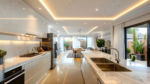 Modern kitchen with island sink cabinets appliances and white interior design. Concept Kitchen Design, Island Sink, Cabinets, Appliances, White Interior