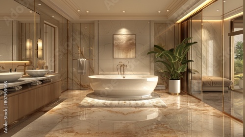 A bathroom with a large tub and sink in it, AI