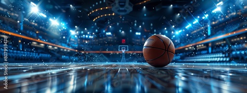 A basketball game in a sport arena stadium is spotlighted, with the ball poised on the floor, enhancing the futuristic sports banner, Sharpen banner with space for text