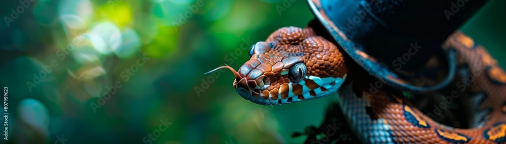 Fototapeta premium A closeup half body of a charismatic venomous snake in a top hat