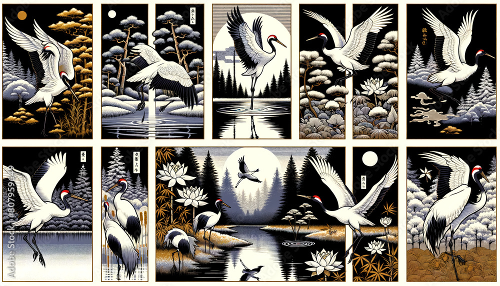 Fototapeta premium Elegance in Motion: Cranes Across the Japanese Seasons