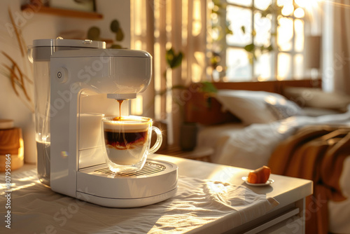 White coffee machine preparing latte coffee, bed in empty bedroom, sunny morning