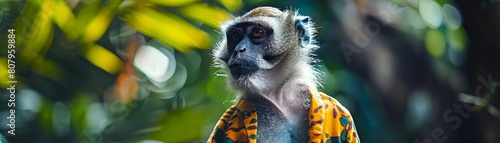 A closeup half body of a charismatic arboreal monkey in a safari jacket