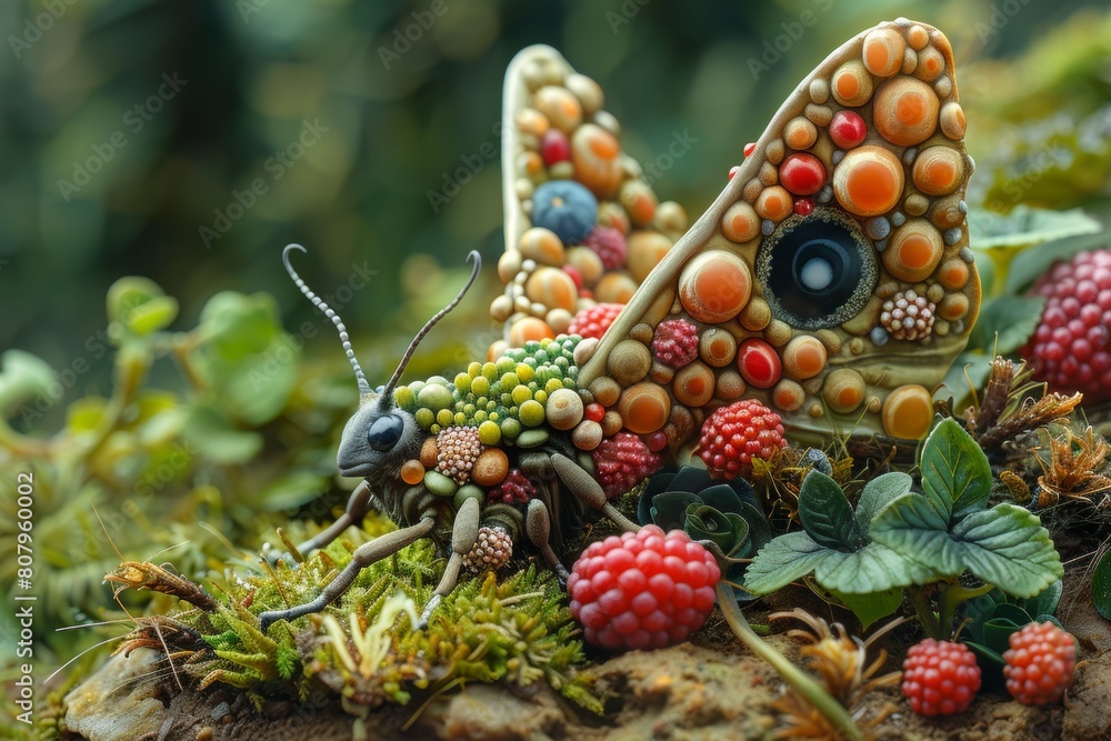 A fictional butterfly made of berries and other fruits sits on a moss covered hill, AI A fictional butterfly made of berries and other fruits sits on a moss covered hill, AI