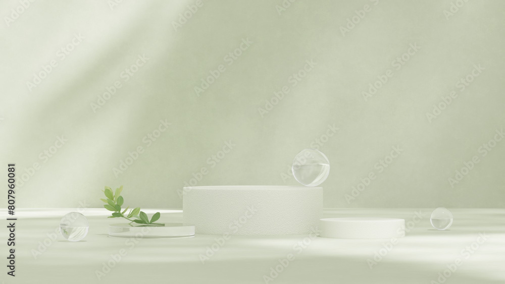 3D render of abstract pedestal podium display with leaves product for advertising in landscape 3D render of abstract pedestal podium display with leaves product for advertising in landscape
