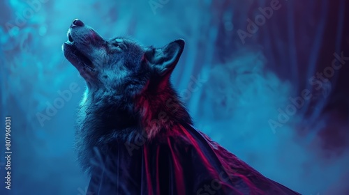 A closeup half body of a charismatic alpha wolf in a royal cape photo