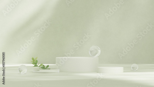 3D render of abstract pedestal podium display with leaves product for advertising in landscape