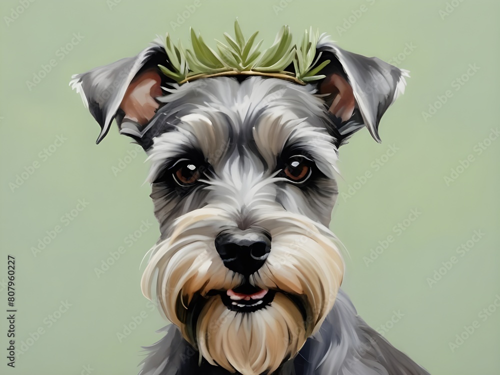 Oil painting of cute schnauzer wearing grass crown, sage green background, detail