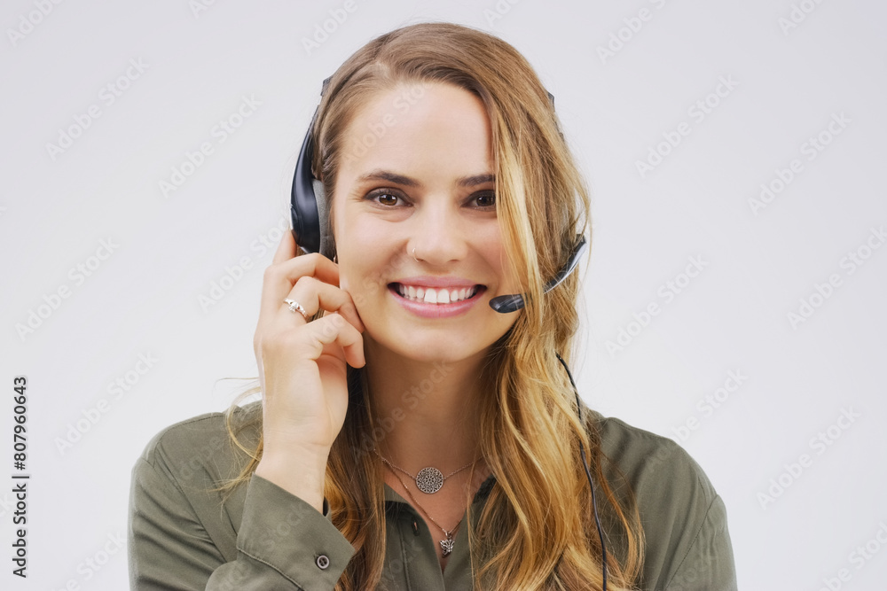 Portrait, woman and virtual assistant in studio with smile, headset and happy on white background. Female person, consultant and advisor for support, information and crm with mic for communication Portrait, woman and virtual assistant in studio with smile, headset and happy on white background. Female person, consultant and advisor for support, information and crm with mic for communication