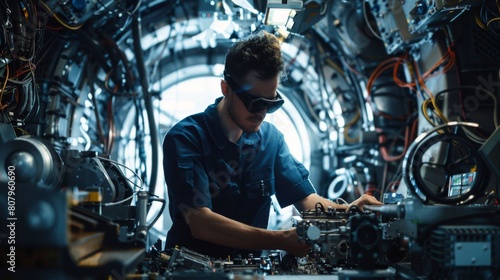  cinematic photo of tall skinny muscular mechanic wearing dark blue jumpsuit and black sunglasses working on complex futuristic computer