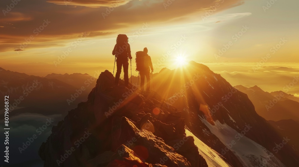 Cinematic shot of two hikers with backpacks reaching the summit, standing on top of mountain peak at sunset, epic landscape