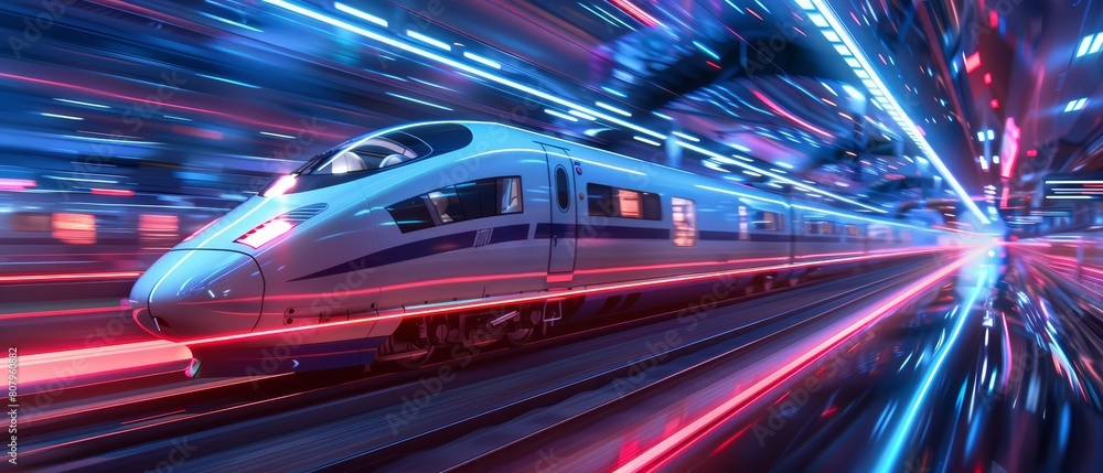 A highspeed futuristic train travels through a digital landscape, showcasing the evolution of rail transport, Sharpen banner template with copy space on center