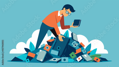 An artist rummaging through a pile of discarded electronics searching for inspiration and material for their next sculpture.. Vector illustration photo