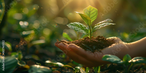 Woman holding young plant in sunlight