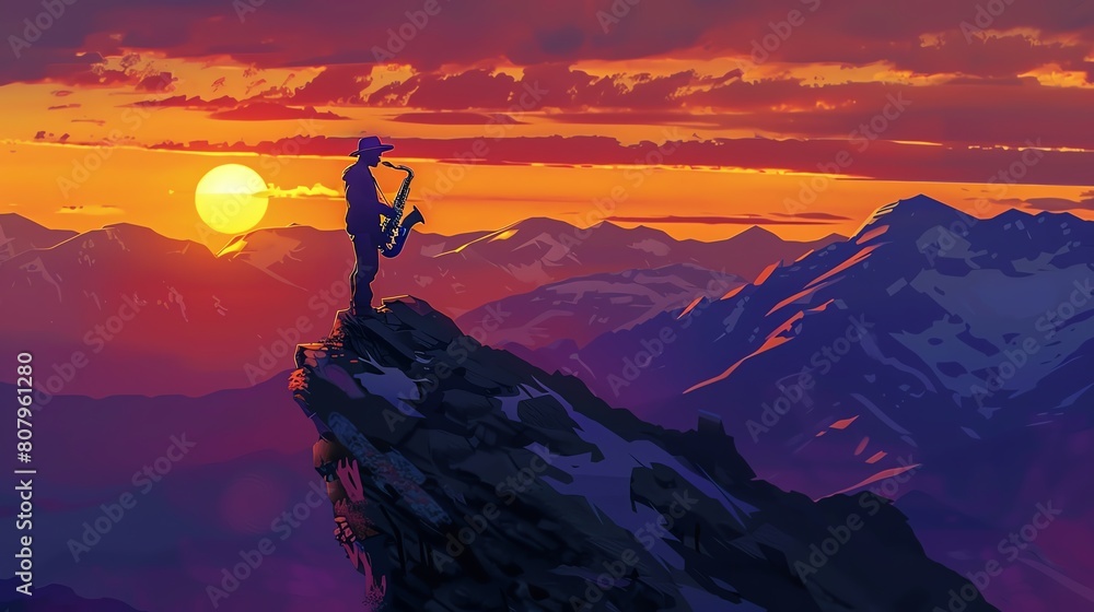 Capture the essence of jazz through a digital illustration of a musician playing saxophone on a mountain peak at sunset