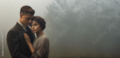 Elegant couple from the 1920s. Elegantly dress in suit and woman in dress. Young historical couple embracing in love. Retro vintage historical concept. In the bokeh moody woods background