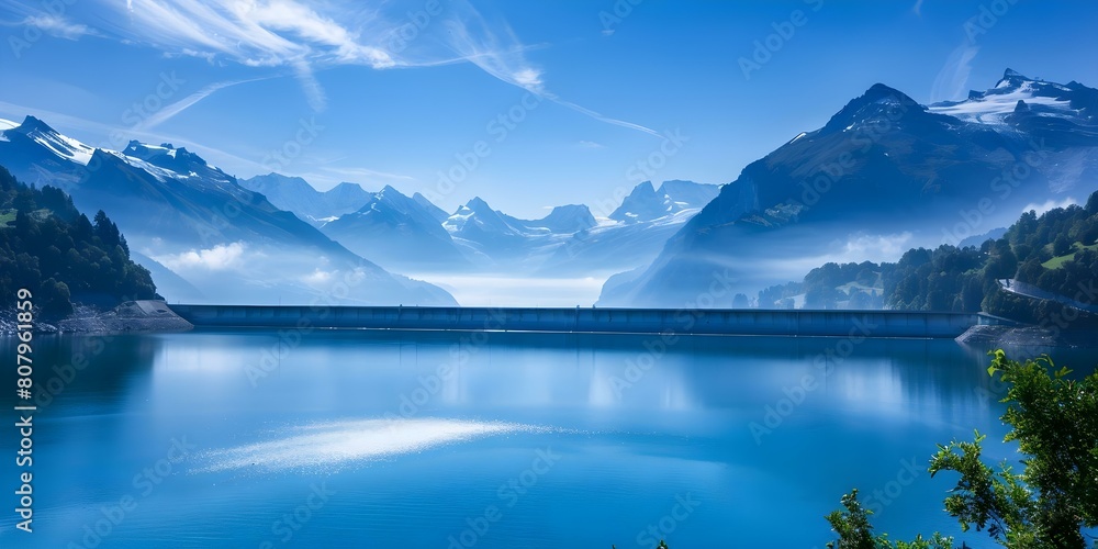 Innovative Swiss Dam Utilizes Renewable Energy to Combat Global Warming with Mountain Views. Concept Renewable Energy, Swiss Innovation, Global Warming Solutions, Mountain Views