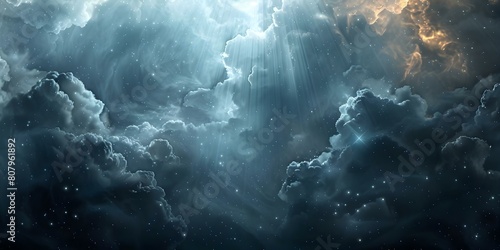 Religiousthemed artwork featuring heavenly elements like clouds stars and radiant light. Concept Religious Art, Heavenly Elements, Clouds, Stars, Radiant Light