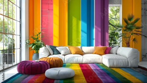 Modern interior room with colorful walls large windows and stylish furniture. Concept Minimalist Décor, Natural Lighting, Modern Furniture, Colorful Walls, Stylish Interiors photo