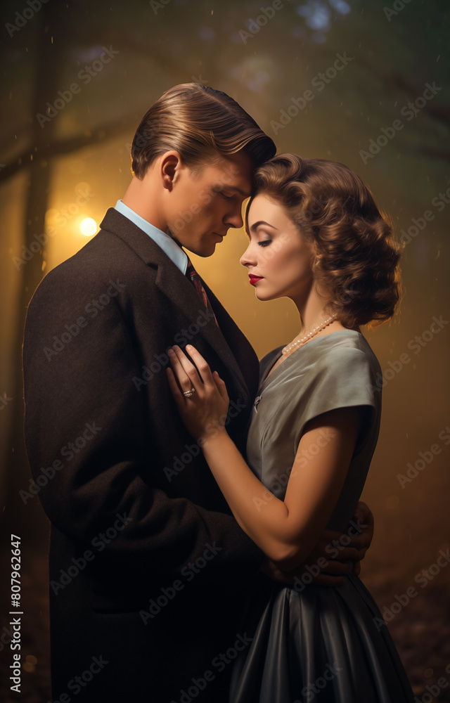 Handsome man in black suit and tie. Woman in simple elegant dress. Young historical couple embracing in love. Retro vintage historical concept. In the bokeh moody woods background. Elegantly dressed. Handsome man in black suit and tie. Woman in simple elegant dress. Young historical couple embracing in love. Retro vintage historical concept. In the bokeh moody woods background. Elegantly dressed.